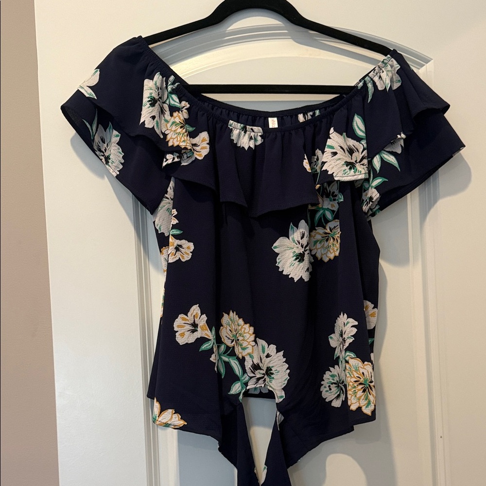 Xhilaration Navy Floral Ruffle Blouse